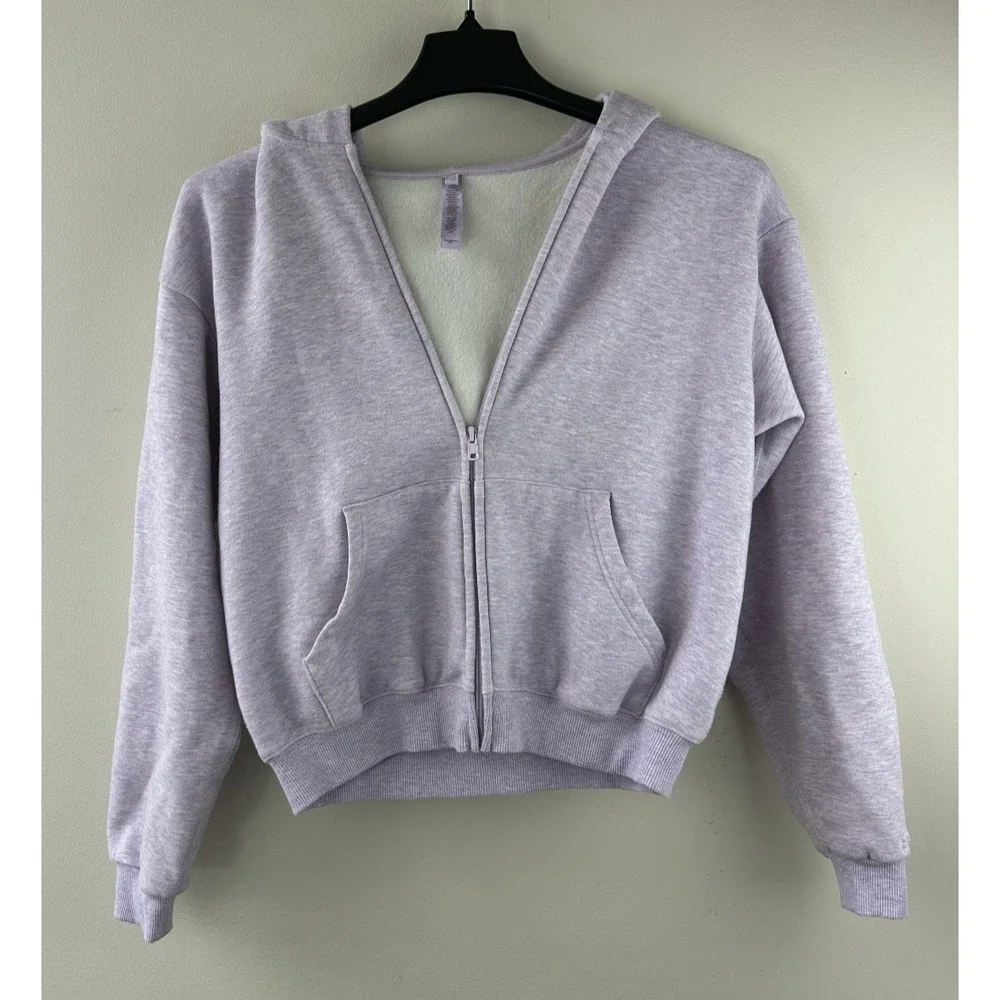 SKIMS Limited Edition Cotton Fleece Cropped Full Zip Up Hoodie Purple Heather M - Picture 16 of 16
